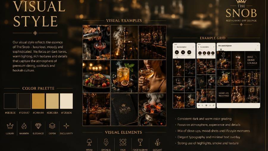 Visual style slide with colour palette and example feed for The Snob